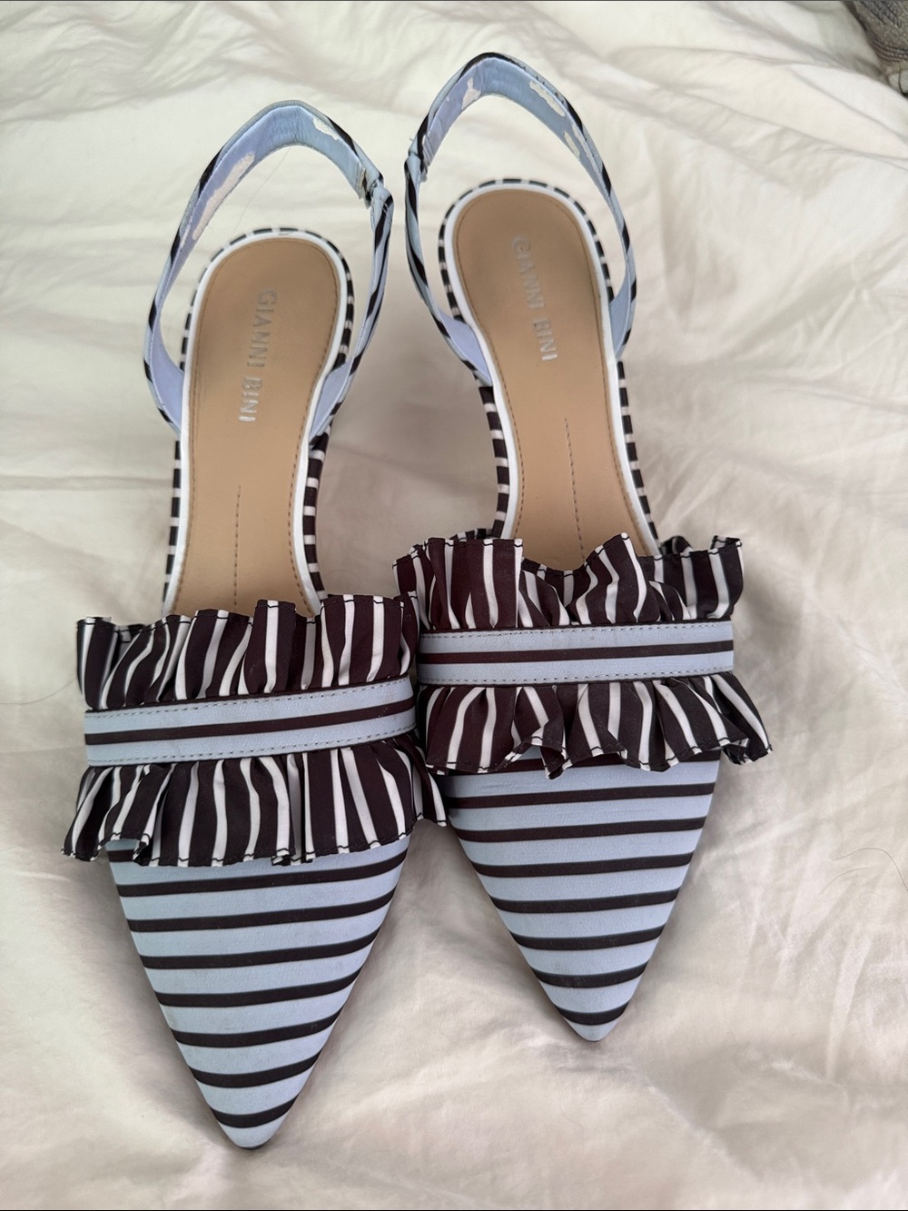 Gianni Bini Light Blue & Navy Striped Ruffle Slingback Flats